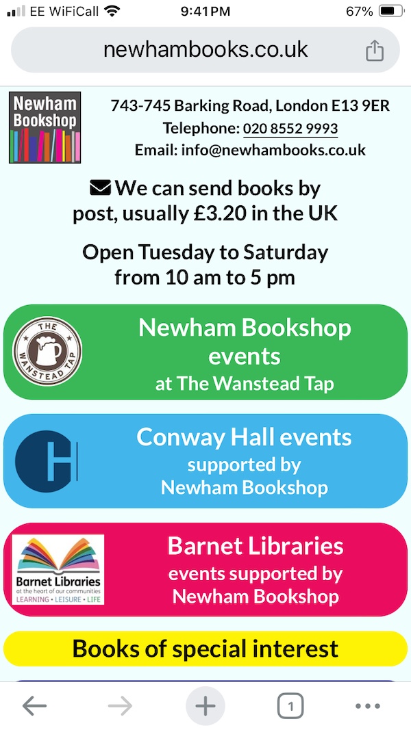Newham Bookshop mobile website homepage
